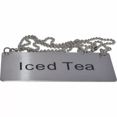 The Update International Iced Tea Chain Sign is a rectangular metal sign with Iced Tea in black lettering, attached to a silver ball chain. © 2025 1st-line.com