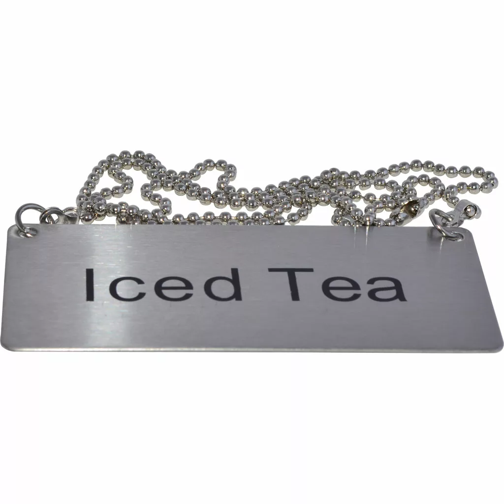 The Update International Iced Tea Chain Sign is a rectangular metal sign with Iced Tea in black lettering, attached to a silver ball chain. © 2025 1st-line.com