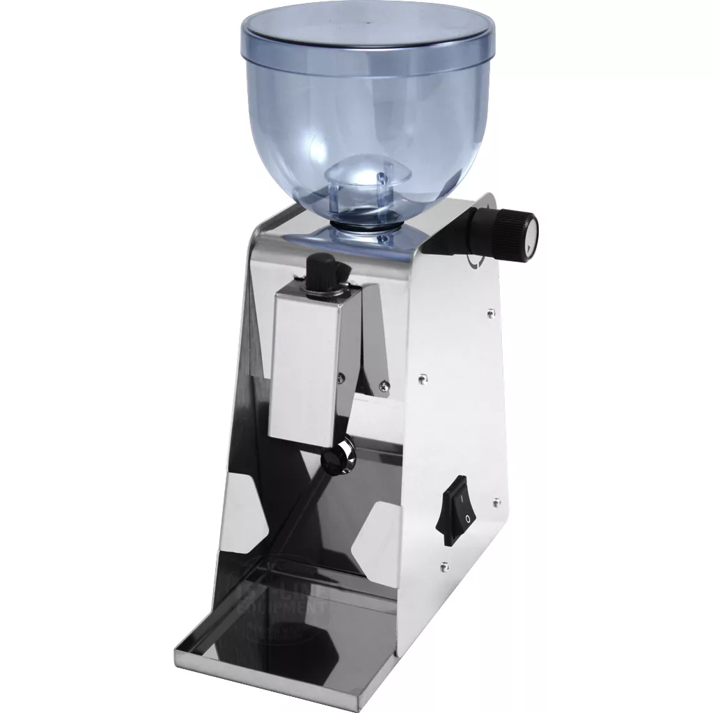 The DISCONTINUED Lelit PL53 Doserless Stepless Espresso Grinder features a stainless steel body, blue-tinted transparent bean hopper, and black side knob in a modern, compact design for any flat surface. © 2025 1st-line.com