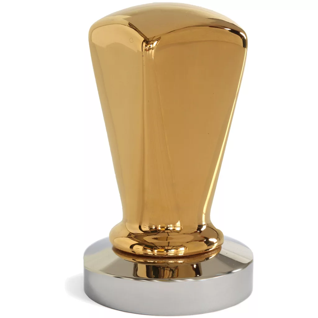 The REDIRECTED Devereux Tamper - 53mm, gold is a shiny gold-colored metal coffee tamper with a broad handle and a flat silver base, made for pressing espresso grounds. © 2025 1st-line.com