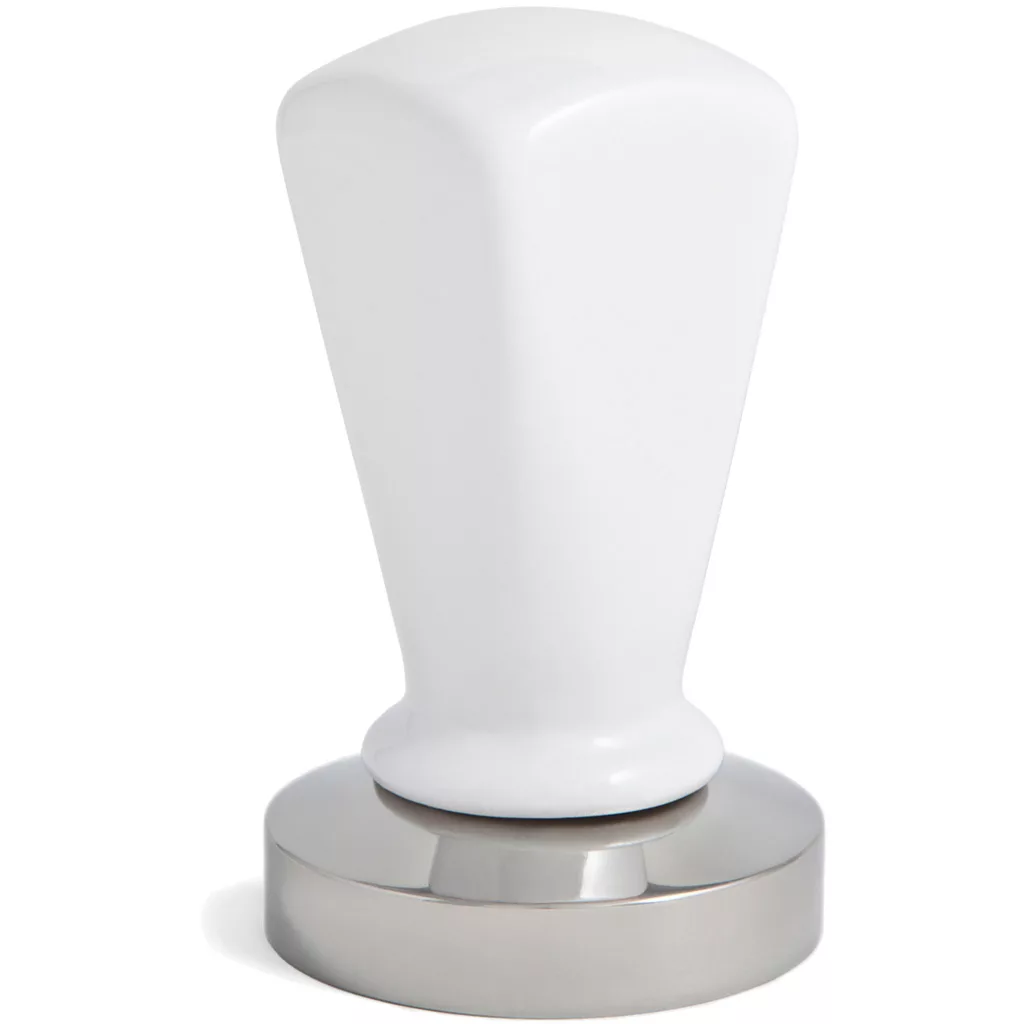 The REDIRECTED Devereux Tamper - 58mm, brilliant white, features a flat stainless steel base and a sleek white handle, shown upright on a white background. © 2025 1st-line.com
