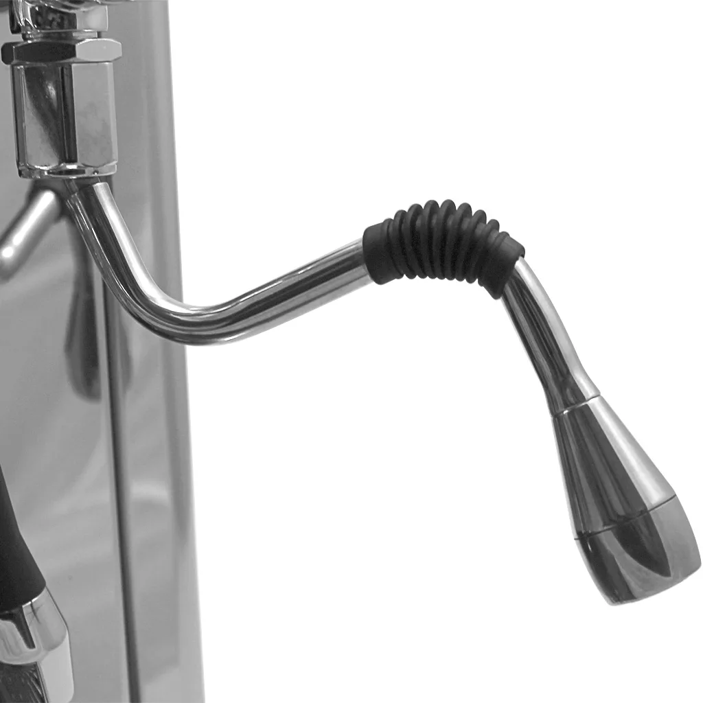 A close-up of a metal steam wand with a black rubber grip, attached to a DISCONTINUED ECM Technika Profi IV HX Switchable Espresso Machine, against a white background. © 2025 1st-line.com