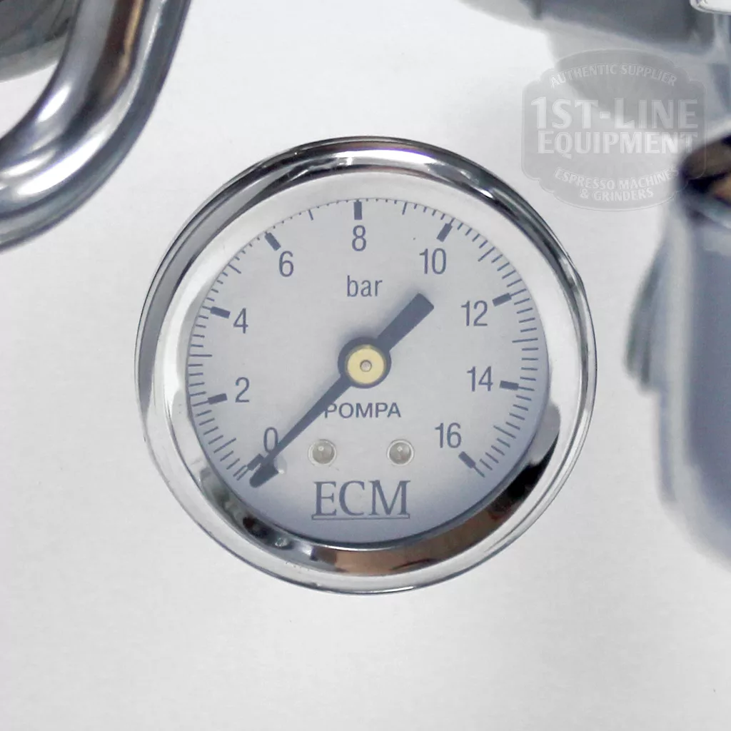 Close-up of the pressure gauge on the DISCONTINUED ECM Classika PID Espresso Machine, showing a reading just below 9 bar out of 16. A faint 1st-Line Equipment logo appears in the background. © 2025 1st-line.com
