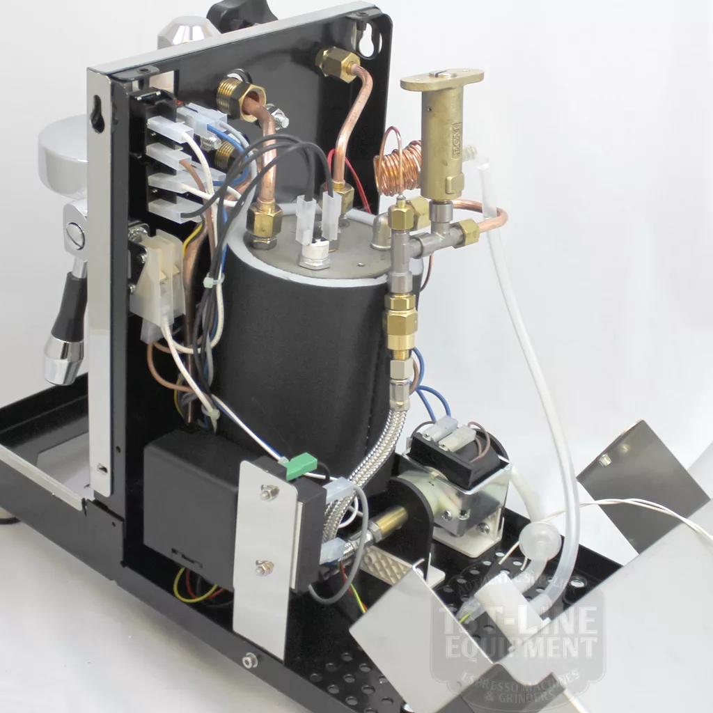 The DISCONTINUED ECM Classika PID Espresso Machine is shown with its side panel removed, exposing internal wiring, tubes, boiler, metal fittings, and mechanical parts against a white background. © 2025 1st-line.com