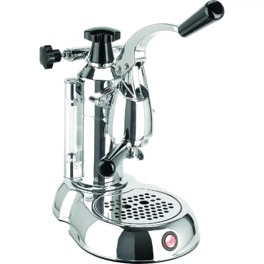 A discontinued La Pavoni 8-Cup Stradivari Espresso Machine with a lever handle, steam knob, pressure gauge, and perforated drip tray gleams against a white background, showcasing timeless elegance and precision. © 2025 1st-line.com