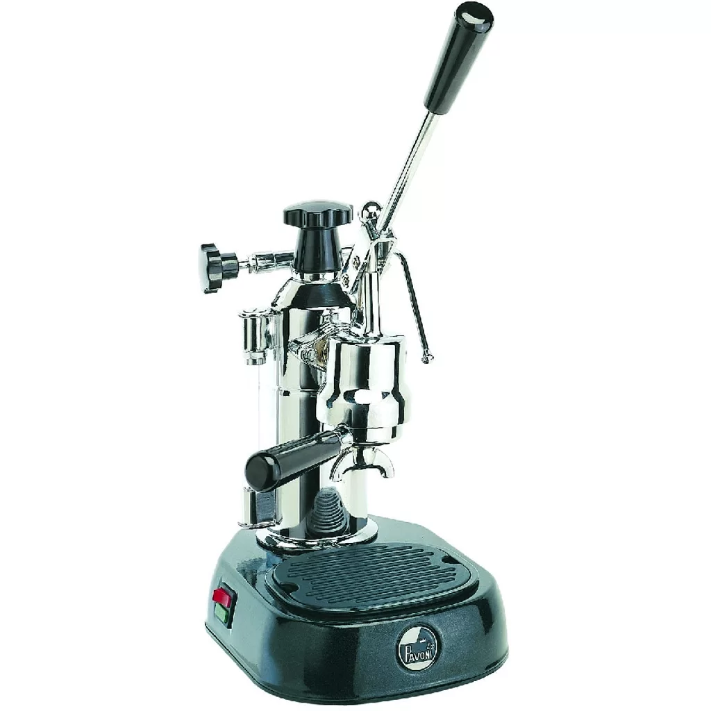 The DISCONTINUED La Pavoni 8-Cup Europiccola Espresso Machine features a chrome manual lever, steam wand, black base, and makes espresso and froths milk. Shown on a plain white background. © 2025 1st-line.com
