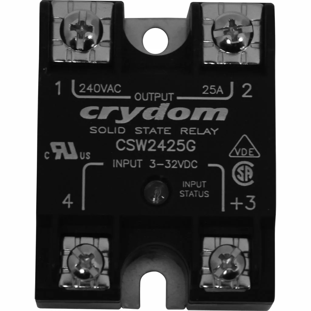 The Lelit FS072 110 Volt Solid State Relay features four screw terminals, handles 240VAC and 25A, accepts 3-32VDC input, and has certification logos printed on the front. © 2025 1st-line.com