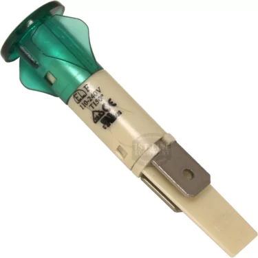 The Lelit G2 Green Indicator Light - 110V features metal prongs, a green and white design, safety symbols, and manufacturer markings. © 2025 1st-line.com