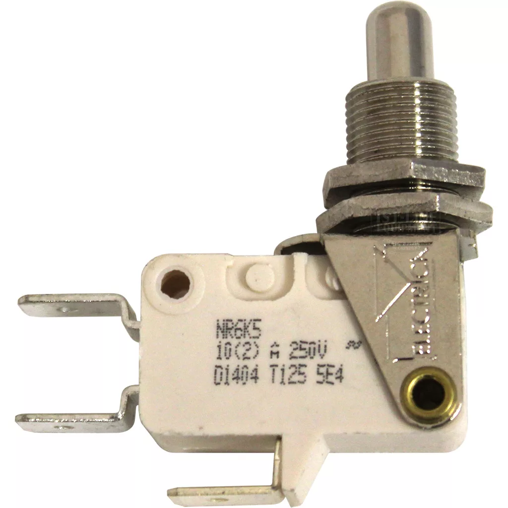 A close-up of the Lelit GV211 E61 Grouphead Lever Microswitch, a metal push-button switch with a white plastic base, two metal terminals, and technical details printed on its side. © 2025 1st-line.com