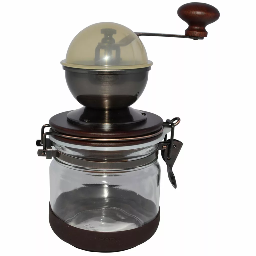 The Hario Ceramic Coffee Mill Canister C features a glass jar base with latch closure, metal grinder, round wooden handle on top, and elegant dark brown trim. © 2025 1st-line.com