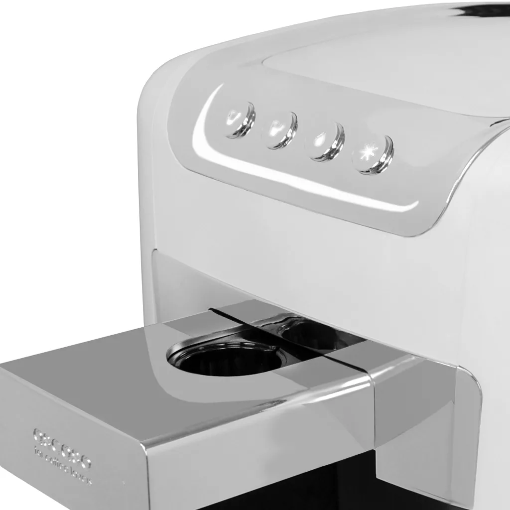 A close-up of the DISCONTINUED Ascaso Kap Tronic Capsule Espresso Machine shows its four-button interface and extended cup tray, highlighting a sleek white and chrome design. © 2025 1st-line.com