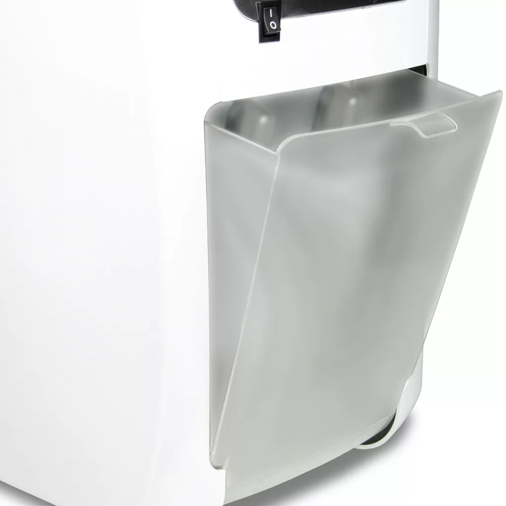 A close-up view of a DISCONTINUED Ascaso Kap Tronic Capsule Espresso Machine with its translucent water collection tank partially pulled out from the front of the device. © 2025 1st-line.com