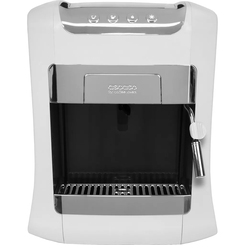 The DISCONTINUED Ascaso Kap Tronic Capsule Espresso Machine features a white and silver design, four top buttons, chrome steam wand, drip tray, and a rectangular cup opening on the front panel. © 2025 1st-line.com