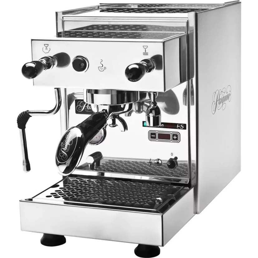 A shiny, stainless steel DISCONTINUED Pasquini Livia G4 PID Semi-Automatic Espresso Machine with dual spouts, steam wand, control buttons, and digital display panel sits on a drip tray. © 2025 1st-line.com