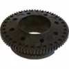 A black, circular metal gear with evenly spaced teeth and different-sized holes, viewed at an angle on a white background, resembling the Pasquni LUX02 Lux Plastic Top Burr Holder. © 2025 1st-line.com
