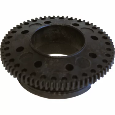 A black, circular metal gear with evenly spaced teeth and different-sized holes, viewed at an angle on a white background, resembling the Pasquni LUX02 Lux Plastic Top Burr Holder. © 2025 1st-line.com