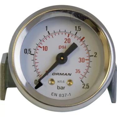 The Ponte Vecchio M2001 Gauge 0-2.5 Bar features a round white face with black bar (0–2.5) and red psi (0–30) markings, a black needle at zero, and labels reading ORMAN and EN 837-1. © 2025 1st-line.com