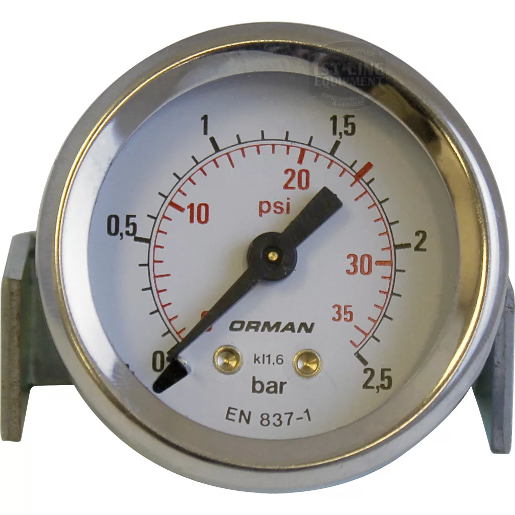 The Ponte Vecchio M2001 Gauge 0-2.5 Bar features a round white face with black bar (0–2.5) and red psi (0–30) markings, a black needle at zero, and labels reading ORMAN and EN 837-1. © 2025 1st-line.com