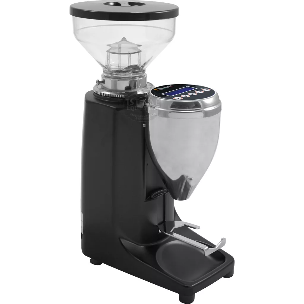 The REDIRECTED Quamar M80E V2 Commercial Doserless Espresso Coffee Grinder - electronic, black features a transparent bean hopper, digital display, and a front container for ground coffee. © 2025 1st-line.com