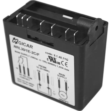 A black rectangular Gicar Brain Unit - 9.1.40.71G, compatible with 230V Magister 180028, features multiple top metal prongs and a front printed wiring diagram. © 2025 1st-line.com