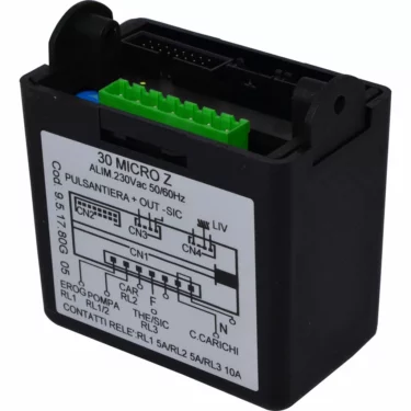 The Gicar Brain Unit - 9.5.17.80G05, 230V - Magister ES 60 is a black electronic control module labeled 30 MICRO Z, featuring top terminal connectors and a front wiring diagram with technical details. © 2025 1st-line.com