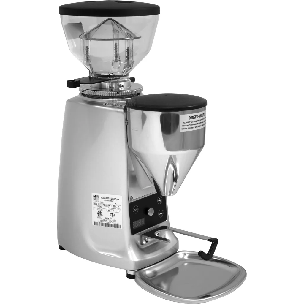 A returned & refurbished SOLD Mazzer Mini Type B V2 Silver Espresso Coffee Grinder with a transparent bean hopper, digital display, sturdy metal body, and a grounds tray below the dispensing chute. © 2025 1st-line.com
