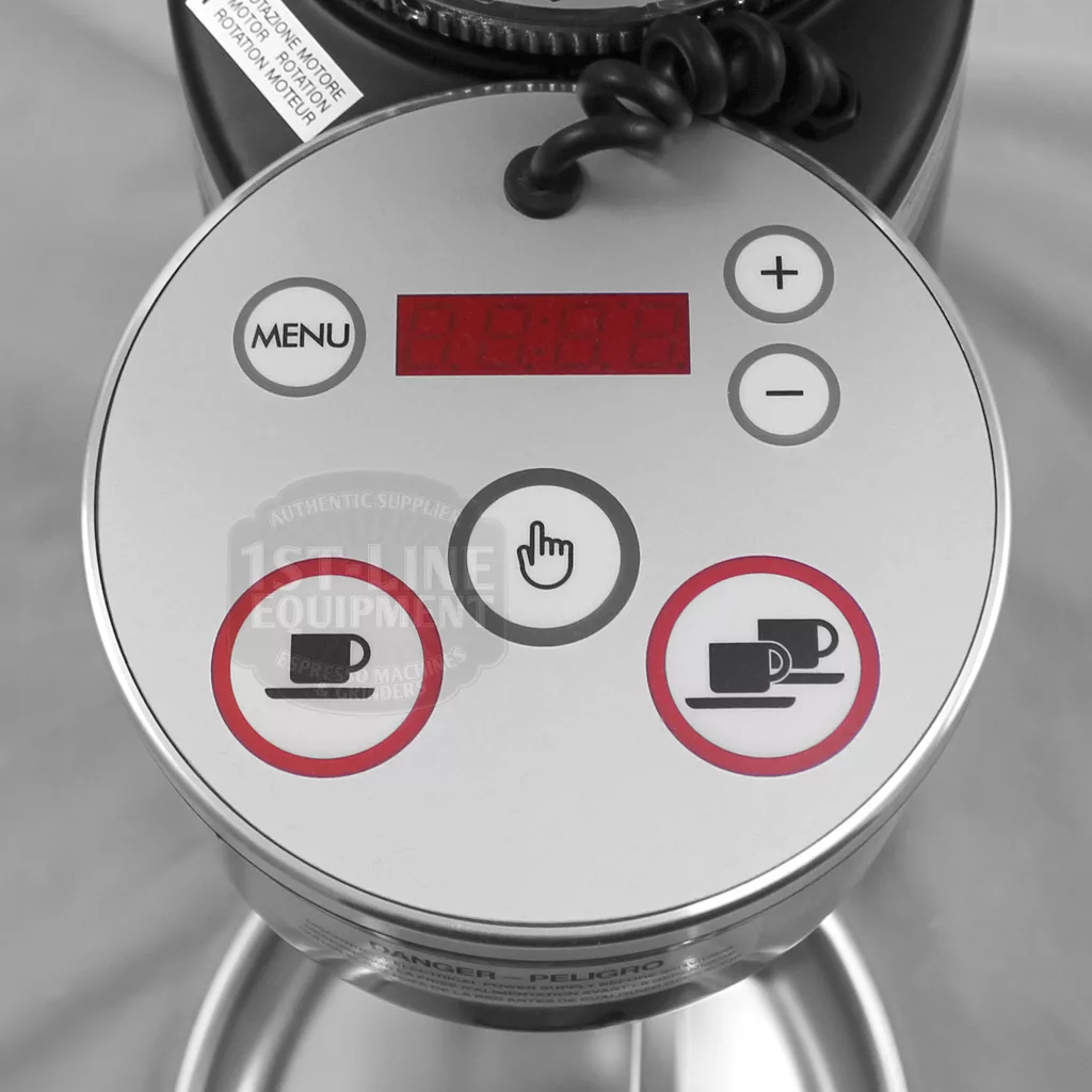 Close-up of a DISCONTINUED Mazzer Mini Type A Espresso Coffee Grinder (old style) control panel with digital display, menu, plus/minus buttons, and single/double cup selectors. A coiled cord runs along the top. © 2025 1st-line.com
