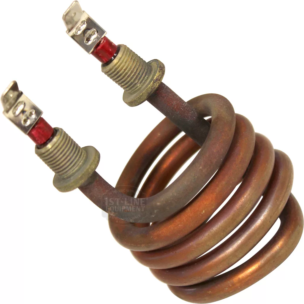 A close-up of the Lelit MC029-110 1000W 110V Heating Element, featuring a coiled, copper-like metal body and two electrical terminals extending from the top. © 2025 1st-line.com