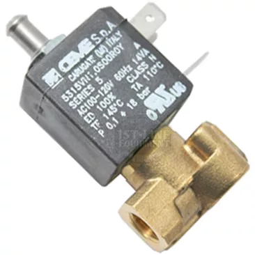 Close-up of the Lelit MC010/110 3 Way Solenoid Valve - 110V, featuring a black coil, clear labeling, electrical terminal, and threaded fittings—perfect for fluid control applications. © 2025 1st-line.com