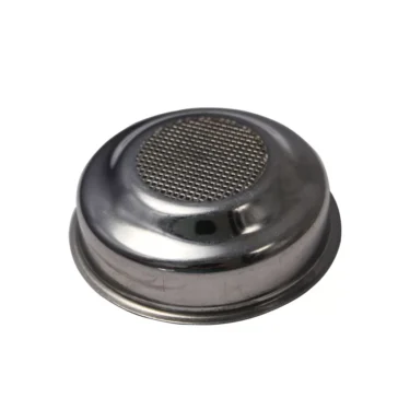 The Lelit MC003 1-Cup 57mm Filter Basket is displayed upside down, showcasing its fine mesh surface designed to hold and filter coffee grounds for espresso brewing. © 2025 1st-line.com