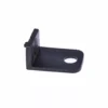 The Lelit MC007 Pump Support Bracket is a compact black metal L-bracket with a large circular hole on one side, designed for Lelit machines, shown resting on a white background. © 2025 1st-line.com