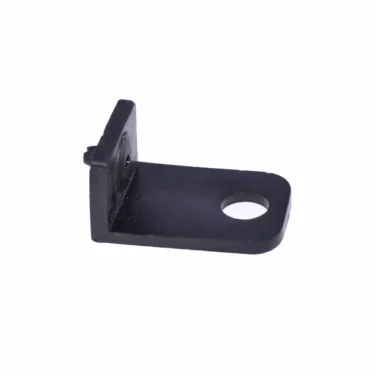 The Lelit MC007 Pump Support Bracket is a compact black metal L-bracket with a large circular hole on one side, designed for Lelit machines, shown resting on a white background. © 2025 1st-line.com