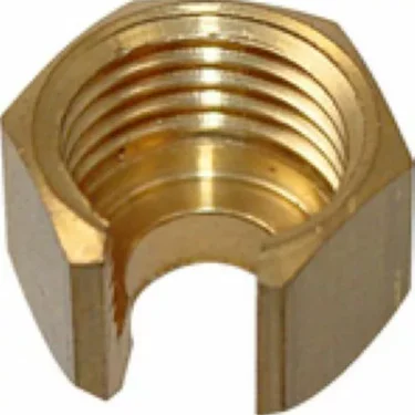The Lelit MC040 Steam Valve Stem Nut features internal threading and a flat edge from a partial section cut out, making it ideal for steam valve assemblies in Lelit machines. © 2025 1st-line.com