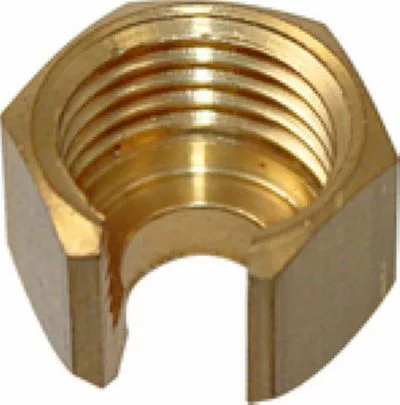 The Lelit MC040 Steam Valve Stem Nut features internal threading and a flat edge from a partial section cut out, making it ideal for steam valve assemblies in Lelit machines. © 2025 1st-line.com