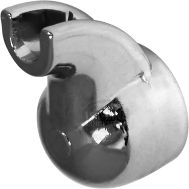 A shiny, chrome, rounded bracket like the Lelit MC060 Portafilter Spout - 1 spout, designed to hold a rod securely with an open slot at the top. Its reflective surface displays smooth highlights and shadows. © 2025 1st-line.com