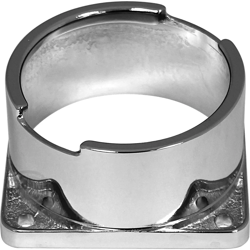 The discontinued Lelit MC052 Group Collar is a shiny silver metal bracket with a square base, four corner screw holes, and a circular opening designed to securely hold round objects. © 2025 1st-line.com
