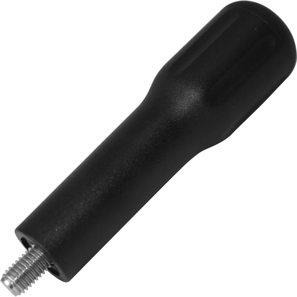 The Lelit MC048 Portafilter Handle - M10 is a black, cylindrical plastic handle with a textured grip and an M10 metal threaded screw, compatible as a replacement for the MC048 portafilter handle, shown isolated on a white background. © 2025 1st-line.com