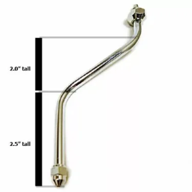 The Lelit MC082-1 Swivel Steam Wand Without Frothing Aid is a metal tube with nuts at both ends, bent at two angles; one segment measures 2.0 inches tall and the other is 2.5 inches tall. © 2025 1st-line.com