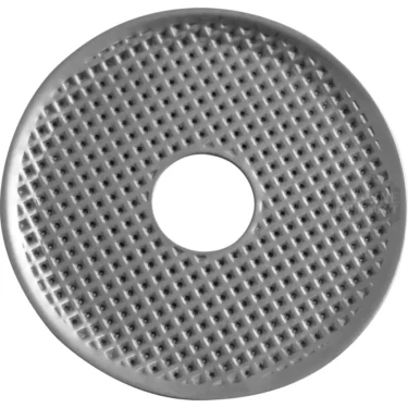 The Lelit MC086 Shower / Dispersion Screen is a round metal disc featuring a raised grid pattern and a large central hole, resembling the type used in espresso machines. © 2025 1st-line.com
