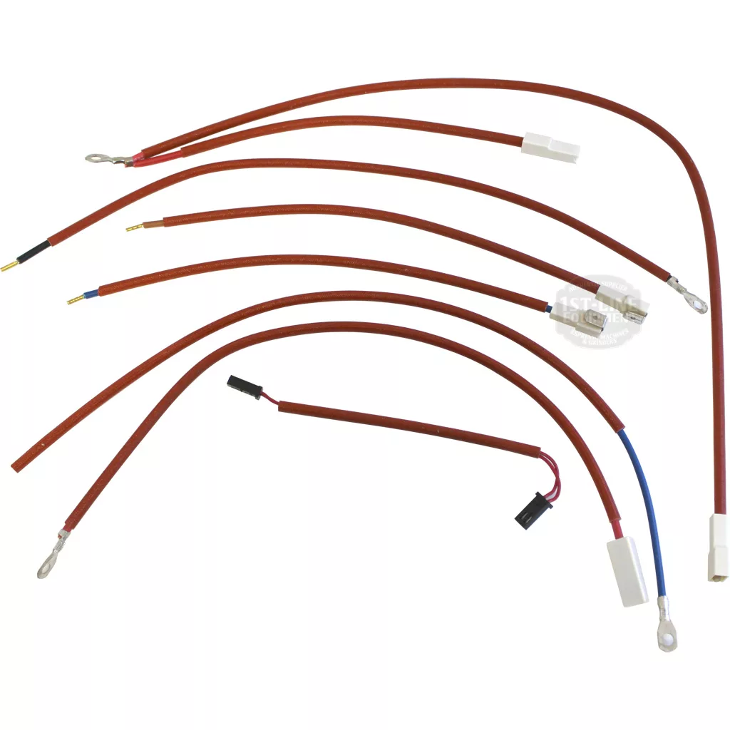 A set of six red Lelit MC3000003 Wiring electrical wires with metal ring terminals and plastic connectors, arranged on a white background. © 2025 1st-line.com