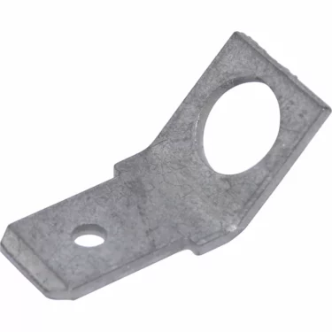 A small, flat, angled metal bracket with a large top hole and a smaller lower hole is suitable for mounting or electrical connections with the Lelit MC115 Male Washer 5mm Diameter. © 2025 1st-line.com