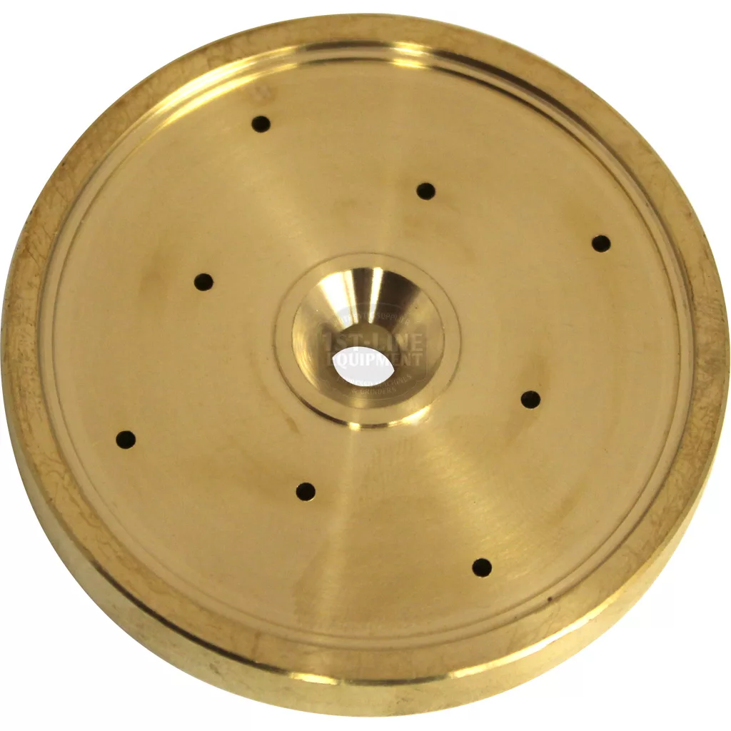 The Lelit 2200016 Grouphead Shower Holder is a round, flat brass disc with a central hole and several small holes evenly spaced around it, designed as a mechanical component. © 2025 1st-line.com