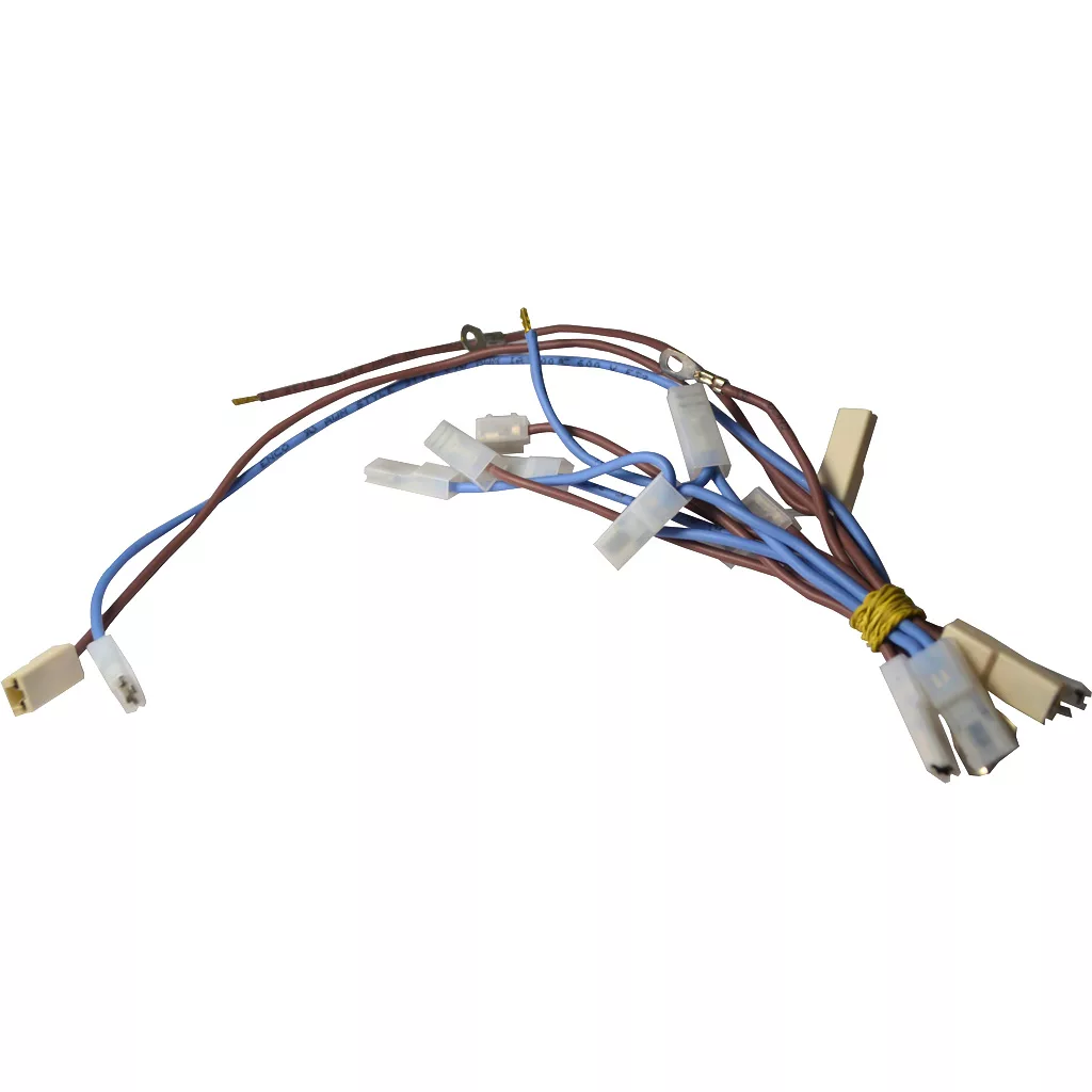 The Lelit MC197 110V Wiring Assembly features blue and brown wires with white plastic connectors and terminals, secured with a yellow twist tie, shown against a white background. © 2025 1st-line.com