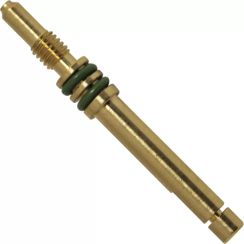 The Lelit MC216-41 Steam Knob Stem (~2.5″ Short Version) is made of brass, has threaded and smooth sections, two green rubber O-rings, and a precisely machined tip. © 2025 1st-line.com