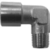 The Lelit MC238 Boiler L Joint is a metal 90-degree elbow pipe fitting with a female thread on the left and a male thread on the bottom, isolated on a white background. © 2025 1st-line.com