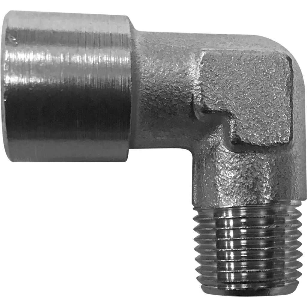 The Lelit MC238 Boiler L Joint is a metal 90-degree elbow pipe fitting with a female thread on the left and a male thread on the bottom, isolated on a white background. © 2025 1st-line.com