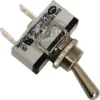 A close-up of the Lelit MC312 2-Prong Hot Water Switch shows its black and silver body with labels, a threaded mounting shaft, and two electrical terminals, all set against a white background. © 2025 1st-line.com
