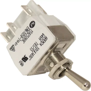 A close-up of the Lelit MC425 4-Prong Coffee / Steam Switch shows its white plastic body, metal toggle, and wiring prongs, with technical specs printed on the side. © 2025 1st-line.com