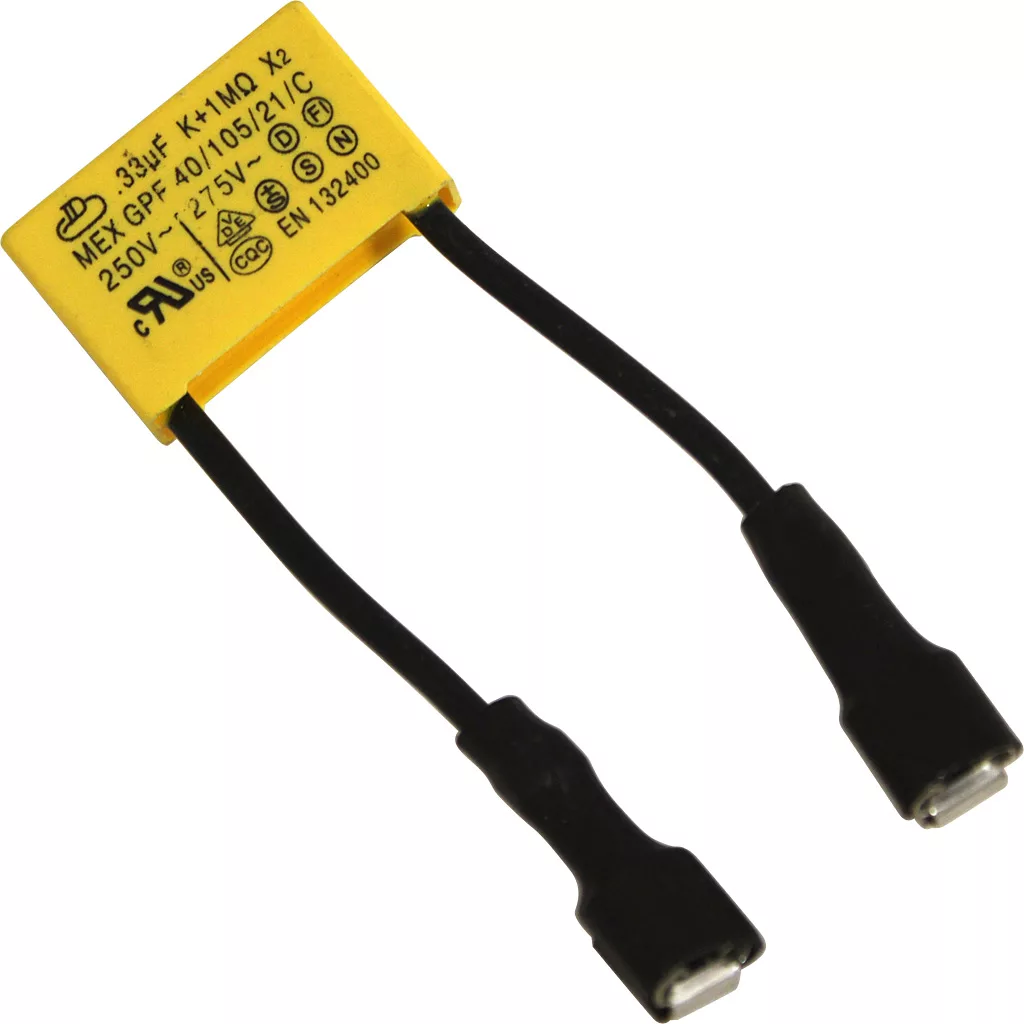 The Lelit MC429/110 Condenser is a yellow rectangular capacitor with black printed text, two black insulated wires ending in metal connectors, 0.33µF 250V specs, certification marks, and is compatible with Lelit machines. © 2025 1st-line.com