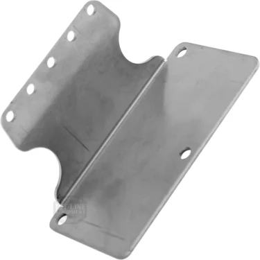 The Lelit MC518 Plate is a metal bracket with multiple holes, a central angle, and a curved cutout on one edge. Its smooth, reflective finish highlights quality craftsmanship typical of Lelit products. © 2025 1st-line.com